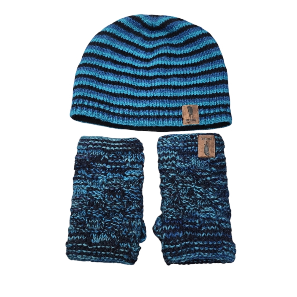 Noble Equestrian Womens Brilliant Blue Stripe Knit Beanie & Hand Warmers Size OS
